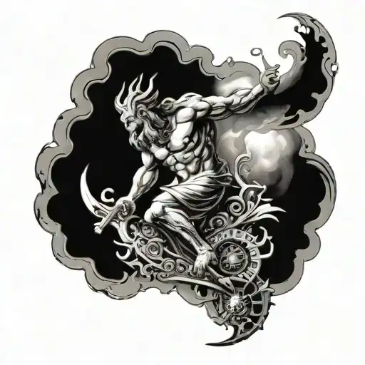 A full sleeve tattoo featuring a dramatic black and grey wash illustration of the god Poseidon riding a chariot pulled by sea creatures tattoo design idea