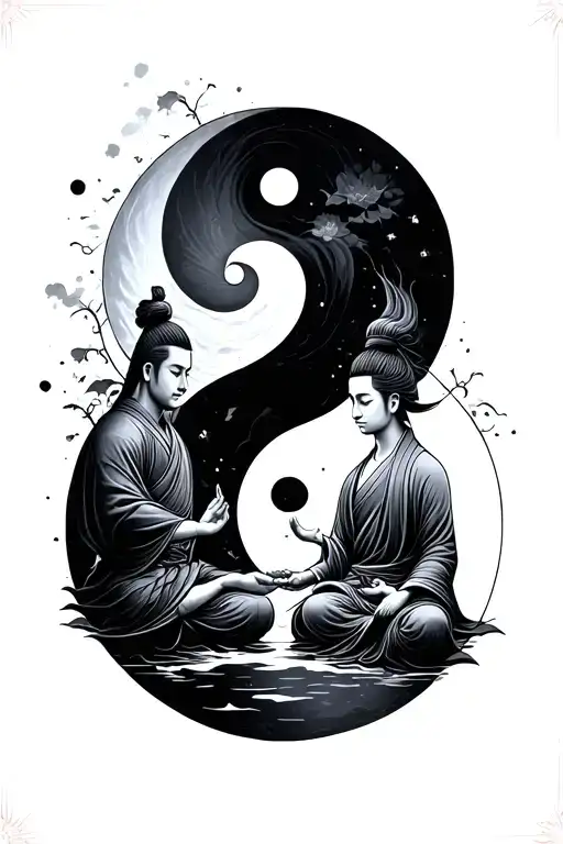 yin yang with a warrior and a meditating monk  tattoo design idea