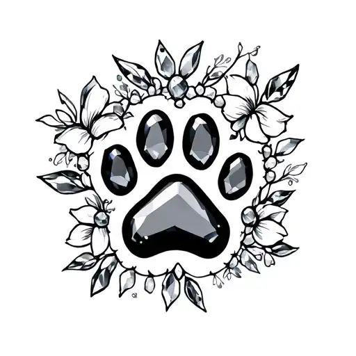 dog paw print with gem stones and flowers  tattoo design idea