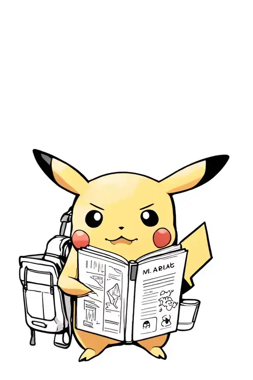 An adventurous Pikachu with a backpack reading a map tattoo design idea