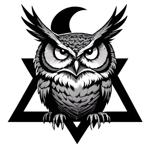 Evil owl with white eyes, perched atop upside down triangle, with a crescent moon behind tattoo design idea