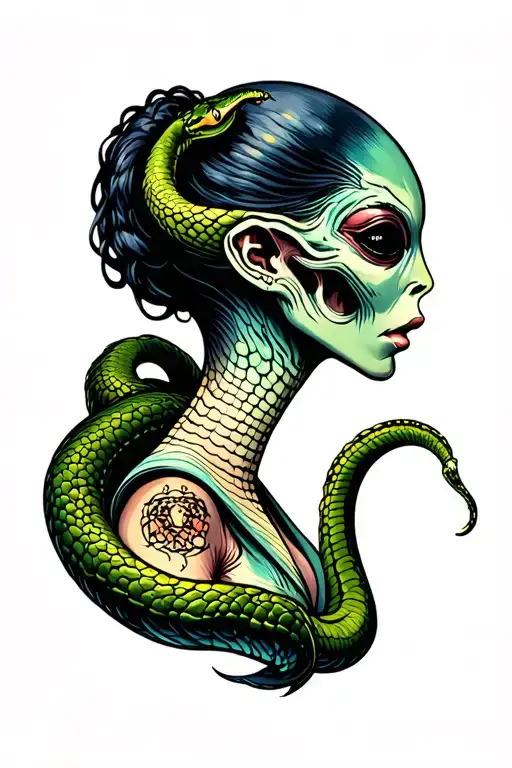 Wierd looking alien viper woman side profile tattoo design idea