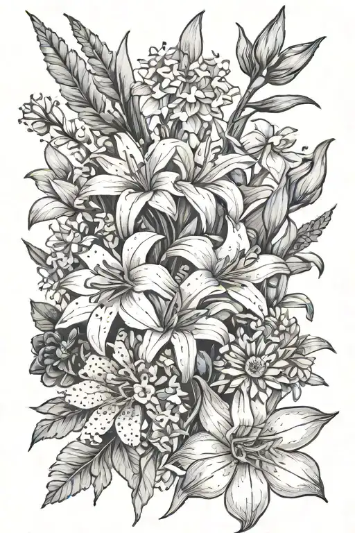 a bouquet comprising of a Daisy, Lilly of the Valley, Gladiolus, Aster, Chrysanthemum, and Narcissus (Paperwhites) tattoo design idea