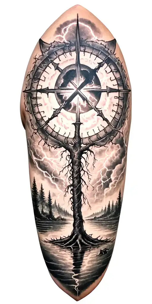 vegvisir and rume and norway nature and ygdrasil and whole sleeve and lightning storm and voodoo doll with cylinder hat tattoo design idea