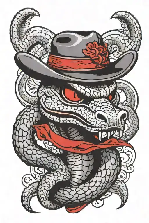 A Cobra wearing a cowboy hat on its head and a red bandana around its neck tattoo design idea