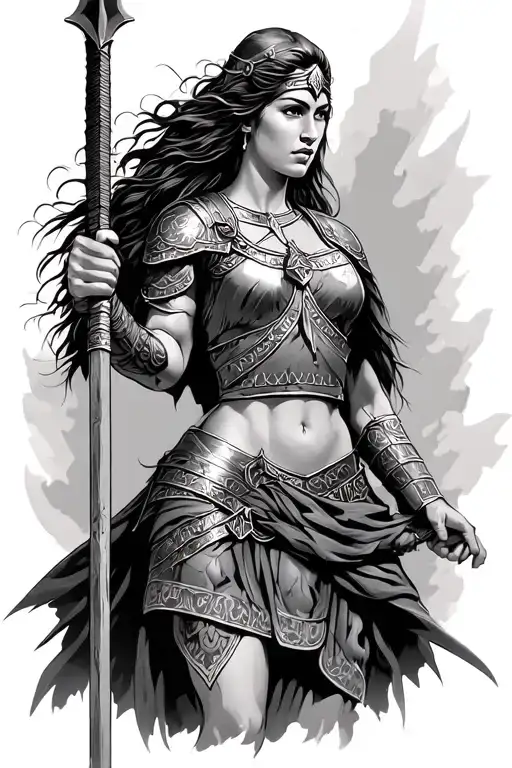 female Roman warrior wielding spear tattoo design idea