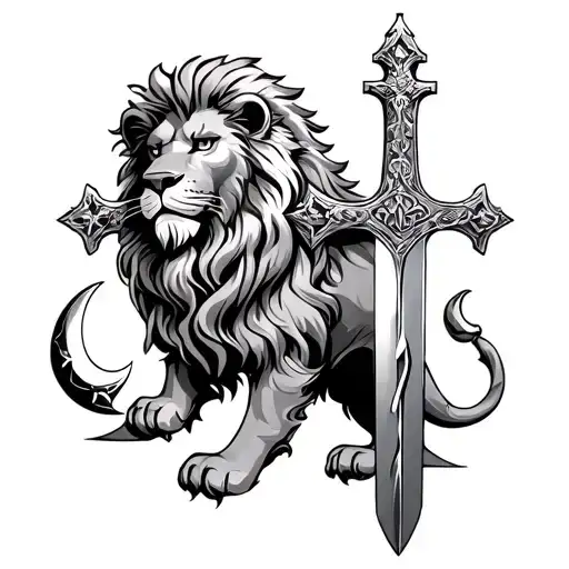 lion with cross , sword and crescent moon tattoo design idea