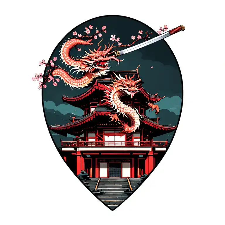 dragon over building with cherry blossoms and samurai sword tattoo design idea