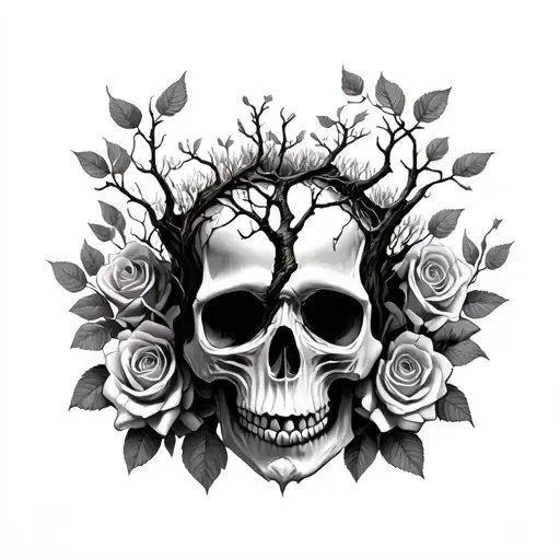 Realistic skull with oak tree growing through eye socket, trunk extends down, roses framing background tattoo design idea
