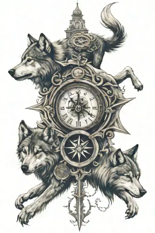 Clock, wolf, compass tattoo design idea