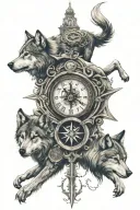 Clock, wolf, compass tattoo design idea