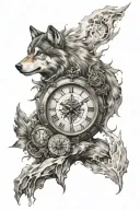 Clock, wolf, compass tattoo design idea