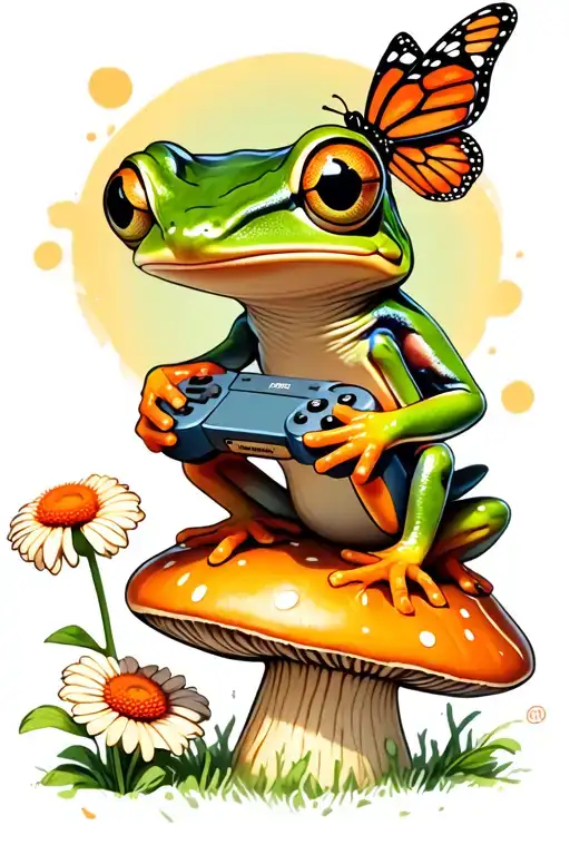 green eyed tree frog sitting on a mushroom next to a gerbera daisy holding a game controller. and a butterfly  tattoo design idea