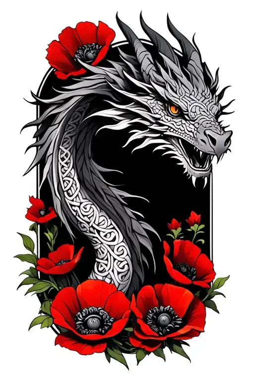 celtic dragon sureounded by red poppies tattoo design idea