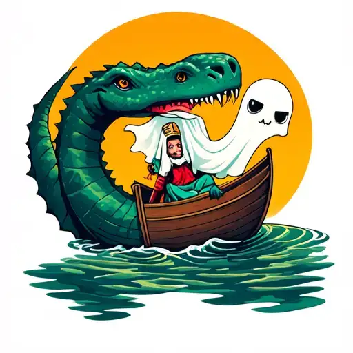 cute ghost riding a loch ness monster tattoo design idea