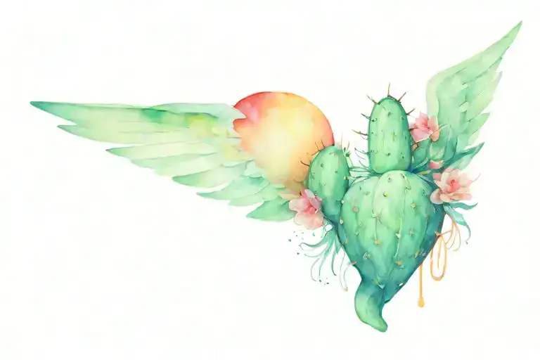 heart cactus angel wings holding tattoo design idea