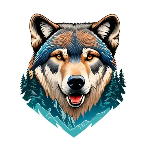 bear, wolf, rock mountains, forest tattoo design idea