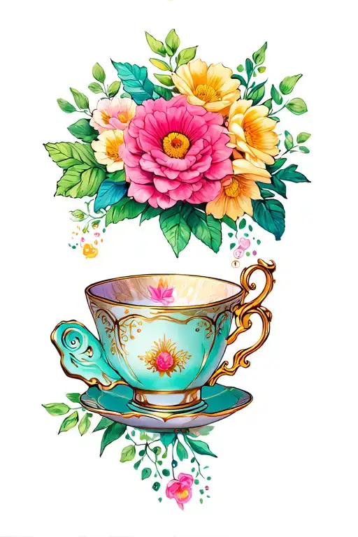 Flowers, teacup, princess tiana tattoo design idea