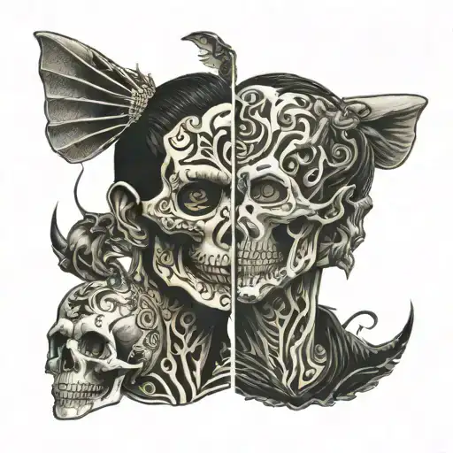A single face divided vertically into two equal halves, representing the cycle of life and death. The left side (Life -  tattoo design idea