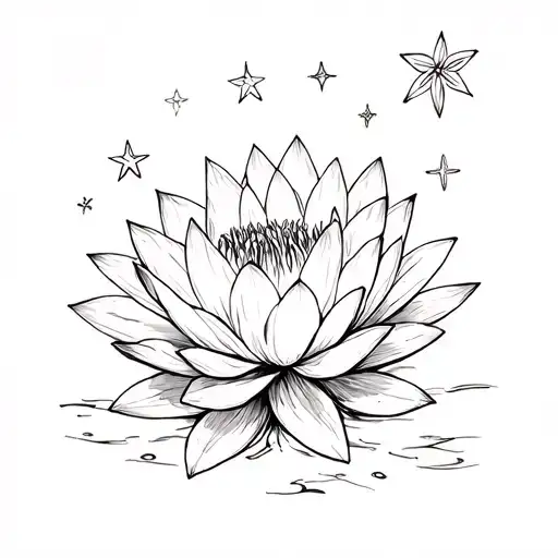 Larkspur or waterlily with stars around, then add this: ステラ・マリー placed nearby the tattoo or flowing with it  tattoo design idea