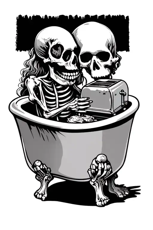 claw foot tub with a skeleton holding a toaster side view tattoo design idea