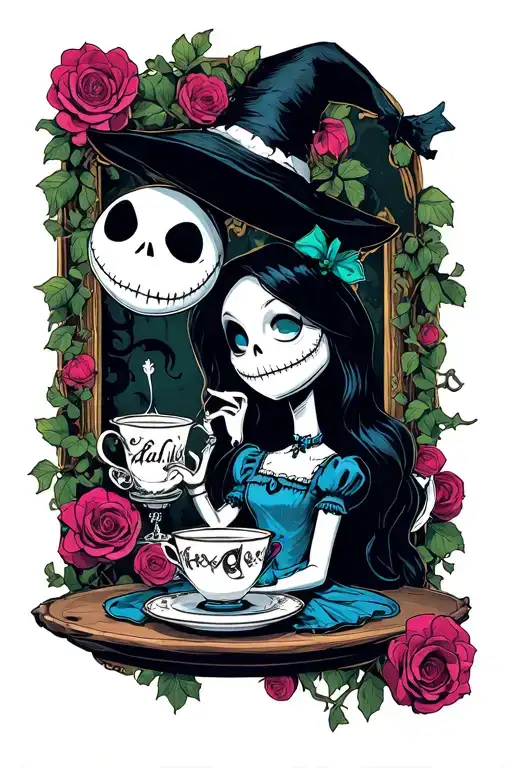 nightmare before Christmas Alice in wonderland tea party tattoo design idea