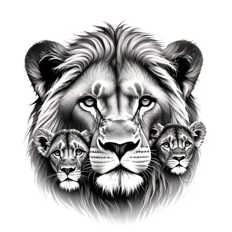 lion and lioness and 2 cubs face only tattoo design idea