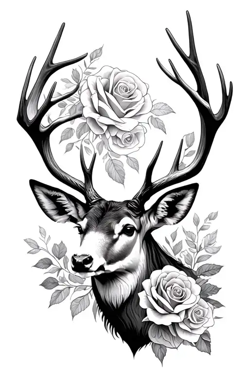 deer stag head roses intertwined tattoo design idea