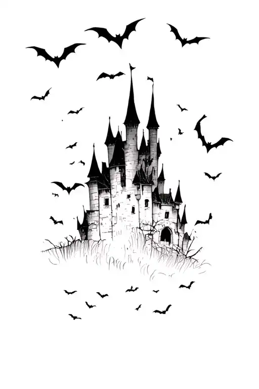 haunted castle, side view, with bats flying around it, bottom lines fading out interrupted, ruin, Tim burton style,  tattoo design idea