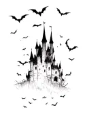 haunted castle, side view, with bats flying around it, bottom lines fading out interrupted, ruin, Tim burton style,  tattoo design idea