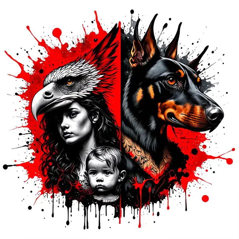 On the right an eagle head and on the left a head of Doberman, between the two a woman and her child tattoo design idea