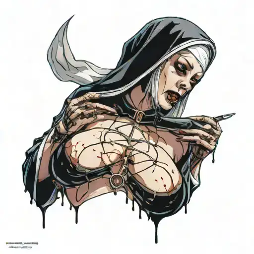 Sexy Nun, huge boobs,, revealing attire, seductive facial expressions, gold cross dripping blood, Lingerie, sexual tattoo design idea