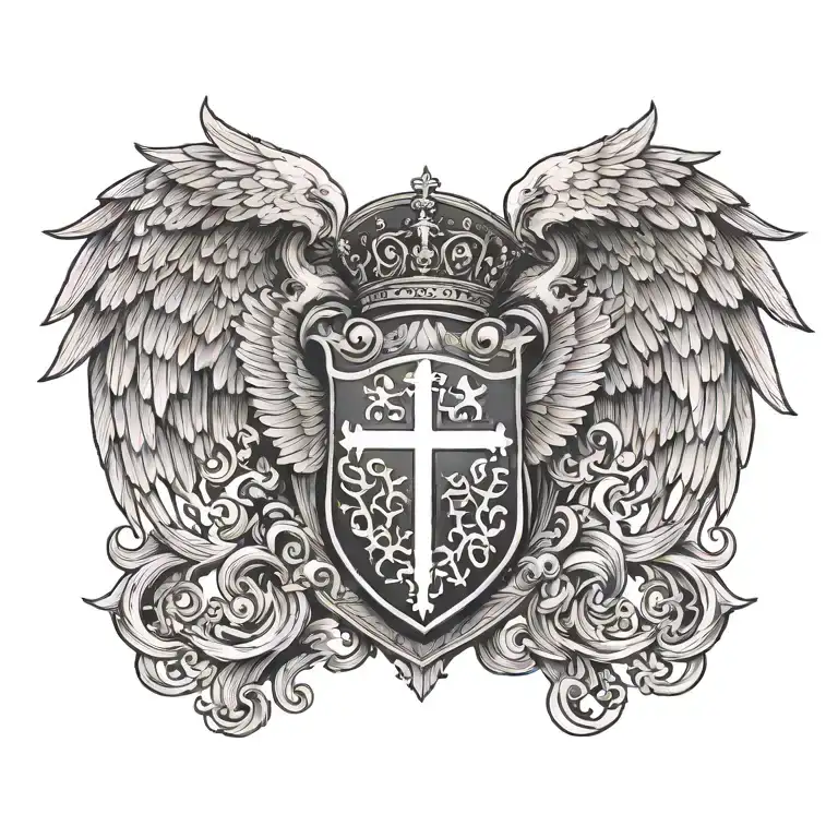 Coat of arms with cloud , wing of dove and cross and templar on top tattoo design idea