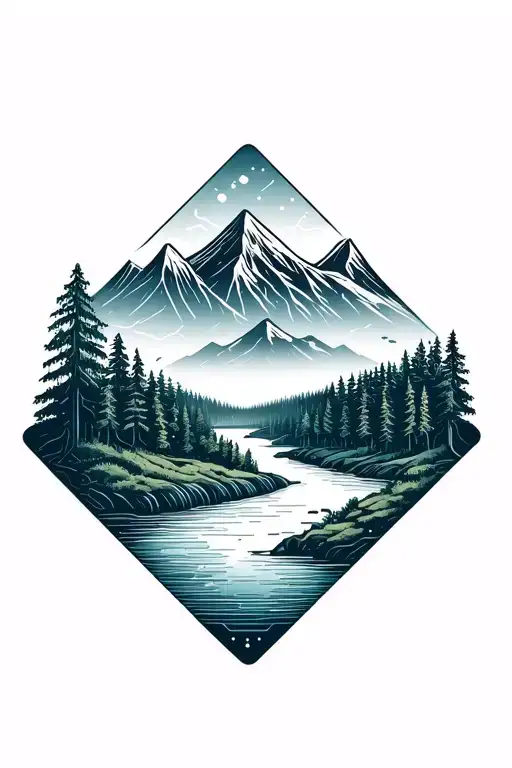 microchip circuit infused with forest with river flowing and  mountain in background  tattoo design idea