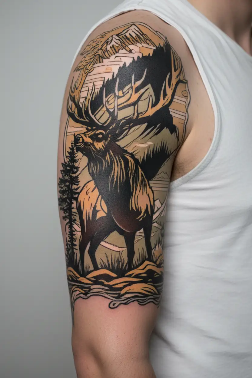 elk and mountains with stream flowing tattoo design idea