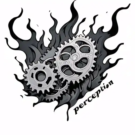 tattoo with gears on flames with "perception" written tattoo design idea