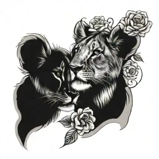 lioness 2 lion cubs flower tattoo design idea