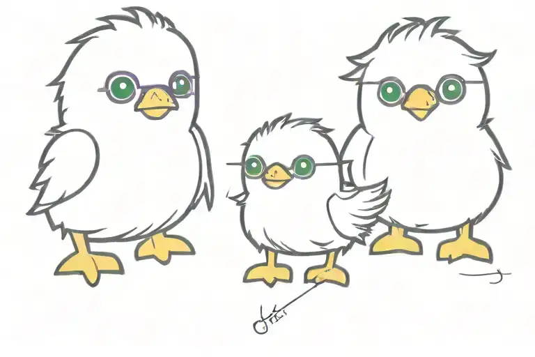three drawn baby chicks one wearing green glasses one wearing blue running shoes one holding a purple lego tattoo design idea