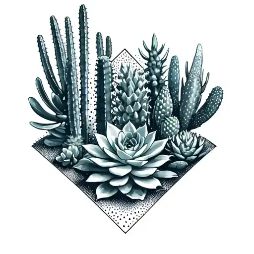 A collection of various succulents and cacti forming a unique geometric pattern tattoo design idea