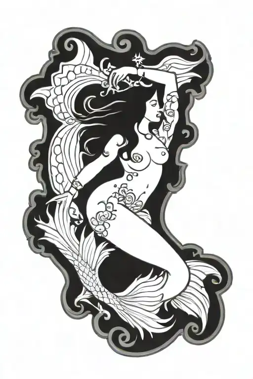 sexy mermaid,  naked, voluptuous, beautiful, full, thick body. no deformities,  tattoo design idea