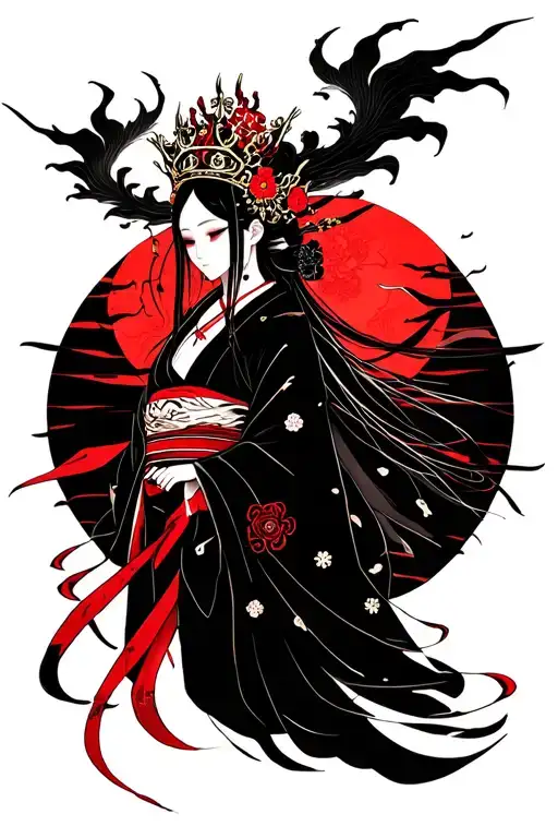 Izanami sama (death) with her crown and kimono, in the back the sun of death tattoo design idea