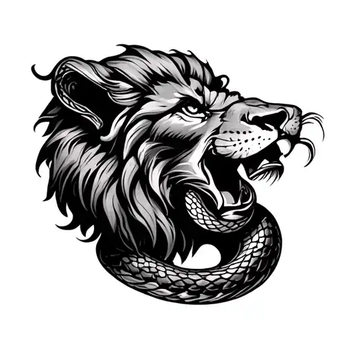old school lion and snake tattoo design idea