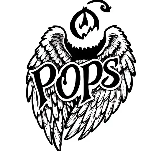 Thin line angel wings with a small hallow on top in the middle ,with the name Pops in a simple cursive in between the wi tattoo design idea