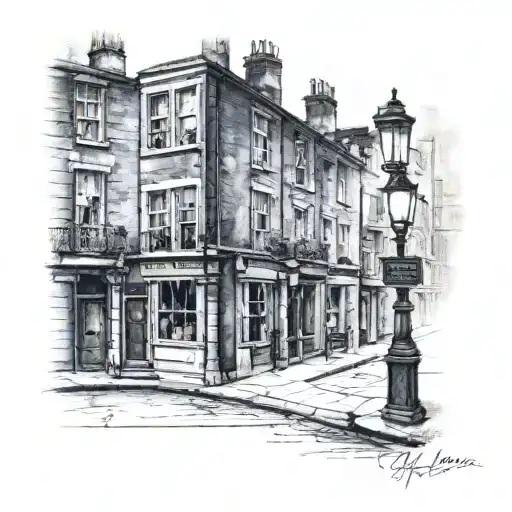 Old London 1800s Street corner tattoo design idea