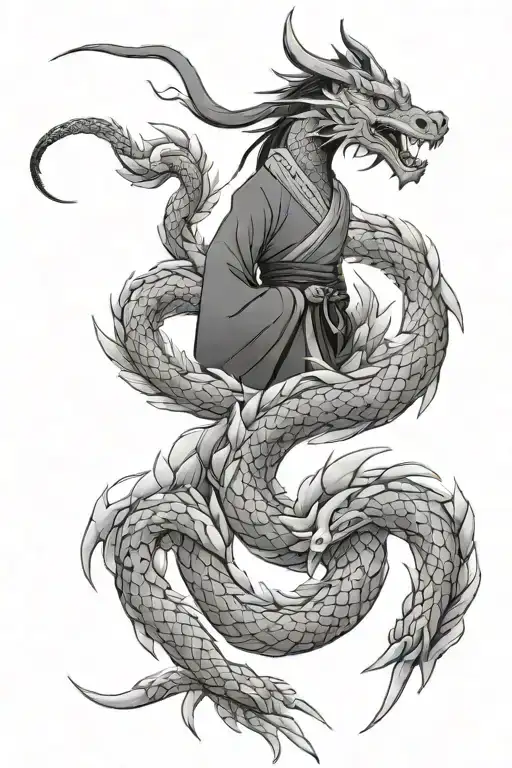 Full sleeve tattoo in black, with fine lines and no background, inspired by the movie Mulan, including a dragon tattoo design idea