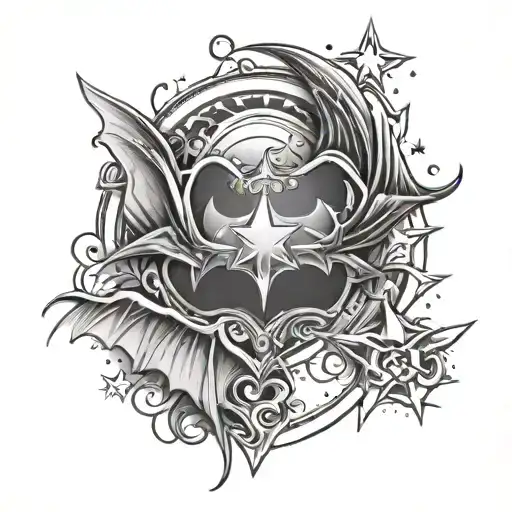 five point  star and Mario star and batman wings tattoo design idea