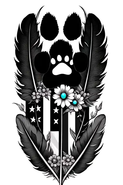 multiple feathers with two small dog black paw prints incorporated, american flag,and turquoise western jewelry, flowers tattoo design idea