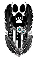 multiple feathers with two small dog black paw prints incorporated, american flag,and turquoise western jewelry, flowers tattoo design idea