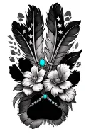 multiple feathers with two small dog black paw prints incorporated, american flag,and turquoise western jewelry, flowers tattoo design idea