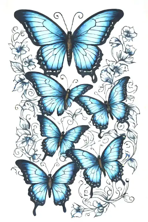 three blue butterflys with vines on bothe sides of the stomach tattoo design idea